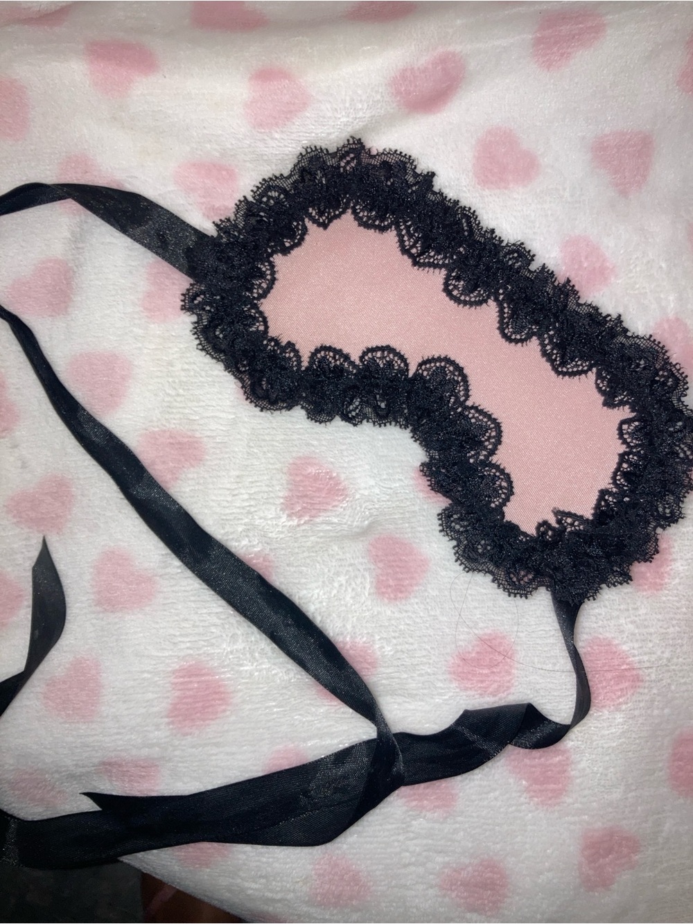 Lace-Trim Pink Sleep Mask with Black Ribbon